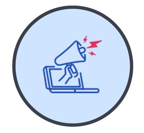 Stylized computer with hand holding megaphone coming from screen.